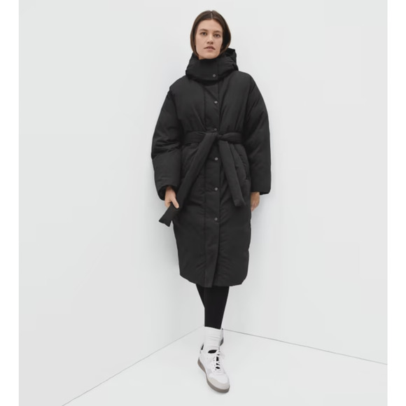 Everlane Jackets & Coats Everlane Womens The Duvet Puffer Coat Small Black Down Long Belted